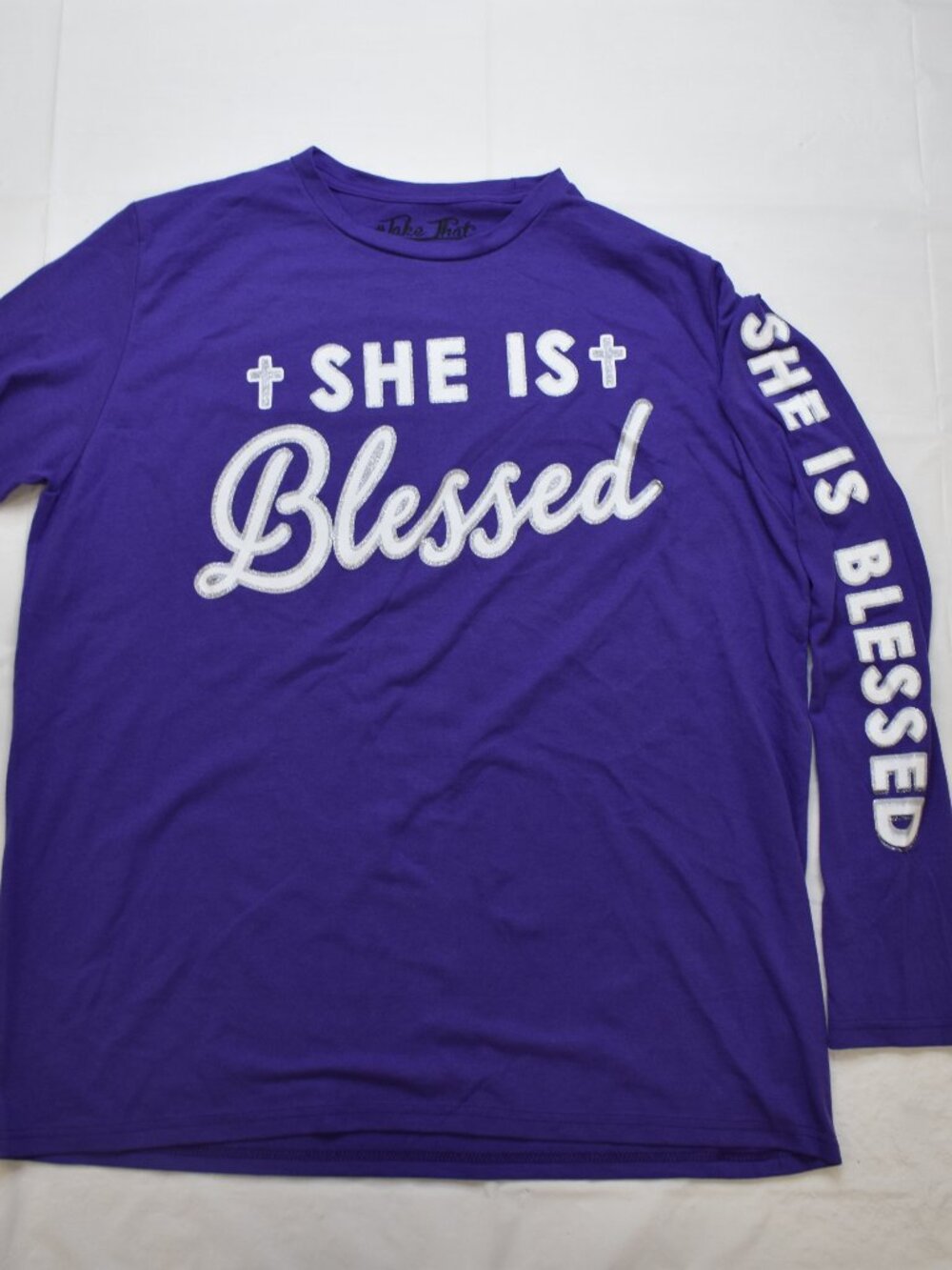 Take That Womens She Is Blessed Glitter Graphic Purple L/S Shirt New Large